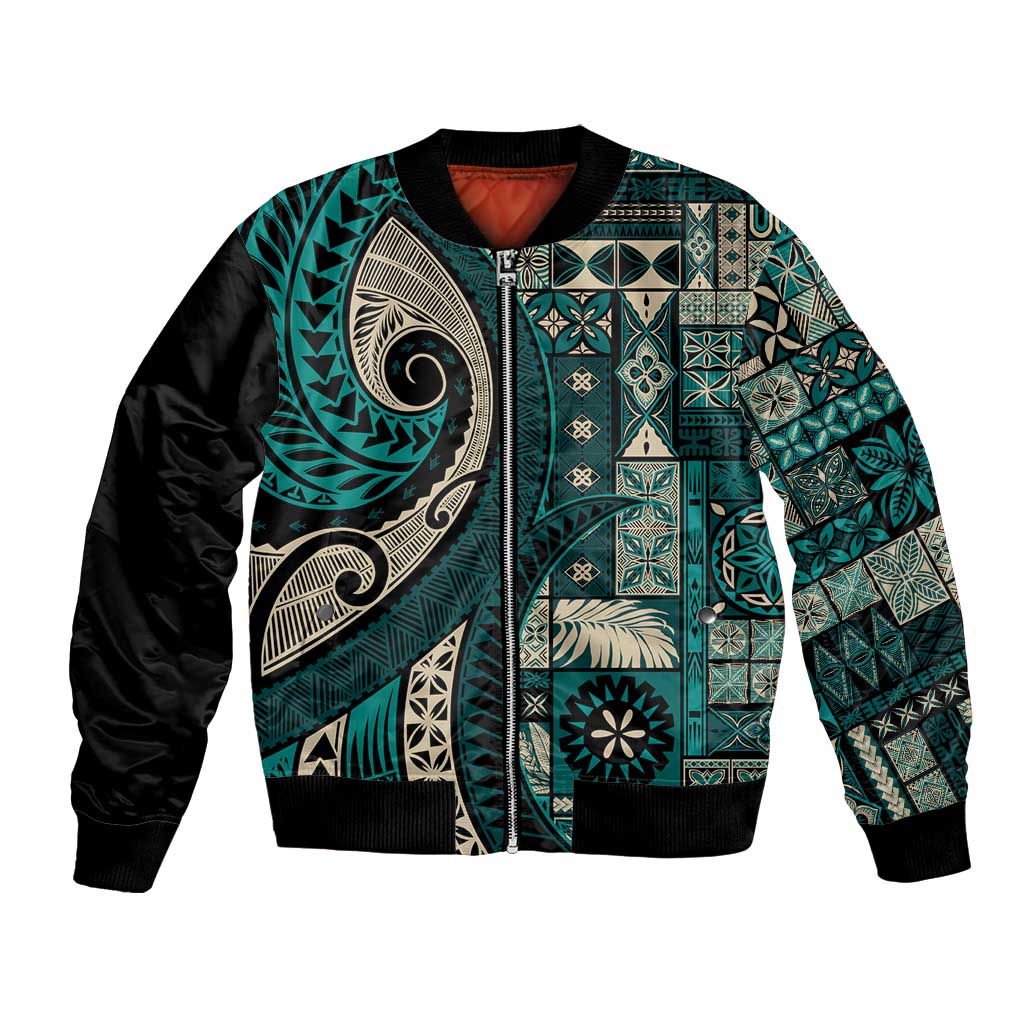 Vintage Samoa Siapo Mamanu Bomber Jacket Teal Samoan Tapa Motif LT9 Unisex Teal - Polynesian Pride