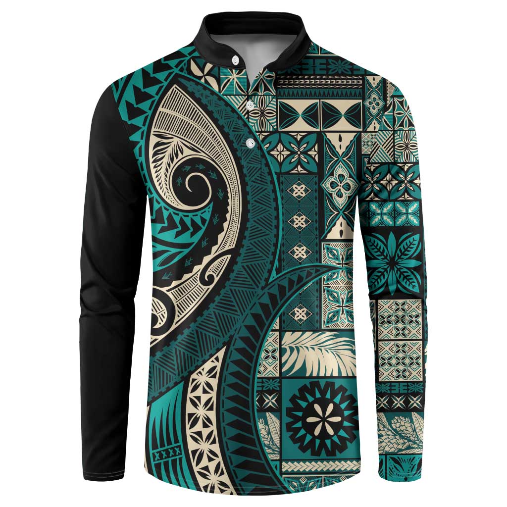 Vintage Samoa Siapo Mamanu Button Sweatshirt Teal Samoan Tapa Motif LT9 Teal - Polynesian Pride