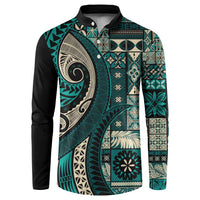 Vintage Samoa Siapo Mamanu Button Sweatshirt Teal Samoan Tapa Motif LT9 Teal - Polynesian Pride