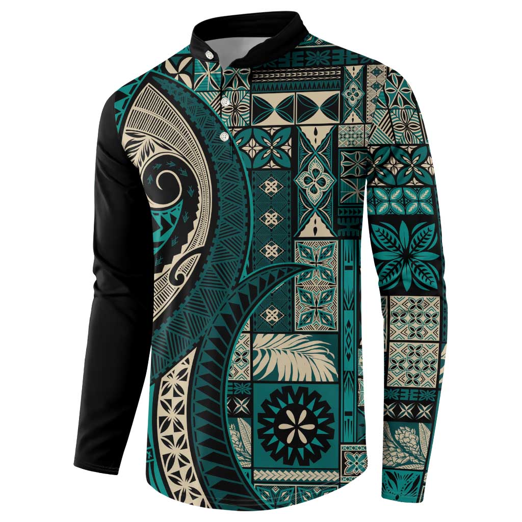 Vintage Samoa Siapo Mamanu Button Sweatshirt Teal Samoan Tapa Motif LT9 - Polynesian Pride