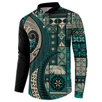 Vintage Samoa Siapo Mamanu Button Sweatshirt Teal Samoan Tapa Motif LT9 - Polynesian Pride