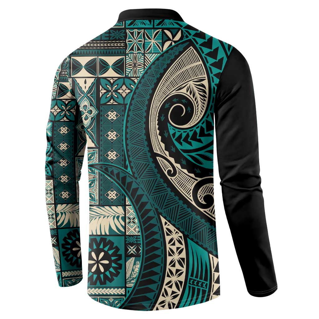 Vintage Samoa Siapo Mamanu Button Sweatshirt Teal Samoan Tapa Motif LT9 - Polynesian Pride