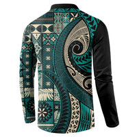 Vintage Samoa Siapo Mamanu Button Sweatshirt Teal Samoan Tapa Motif LT9 - Polynesian Pride