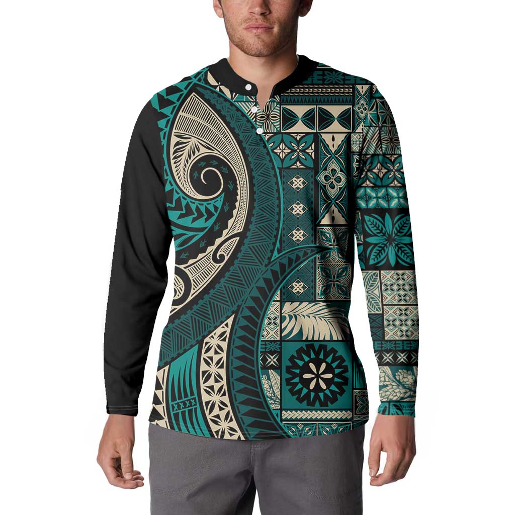 Vintage Samoa Siapo Mamanu Button Sweatshirt Teal Samoan Tapa Motif LT9 - Polynesian Pride
