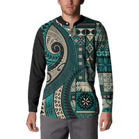 Vintage Samoa Siapo Mamanu Button Sweatshirt Teal Samoan Tapa Motif LT9 - Polynesian Pride