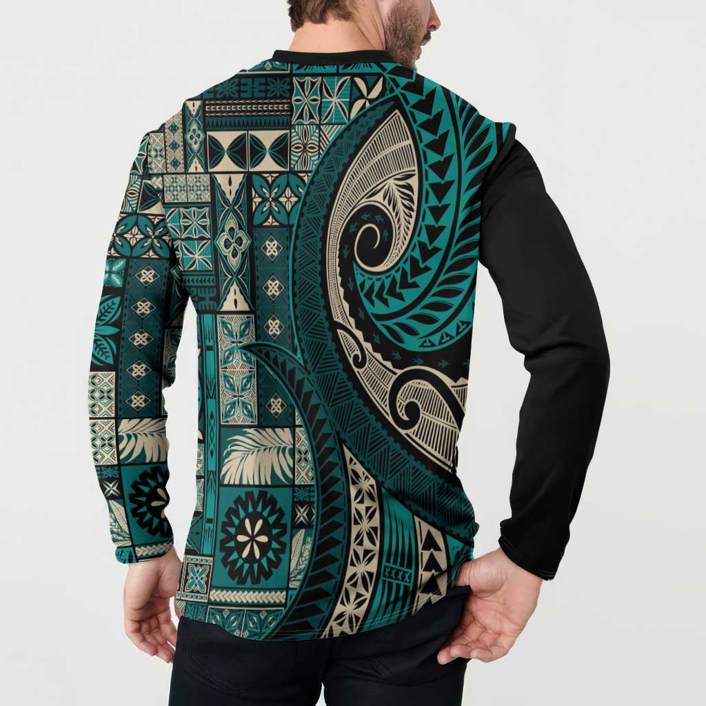 Vintage Samoa Siapo Mamanu Button Sweatshirt Teal Samoan Tapa Motif LT9 - Polynesian Pride
