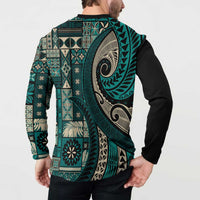 Vintage Samoa Siapo Mamanu Button Sweatshirt Teal Samoan Tapa Motif LT9 - Polynesian Pride