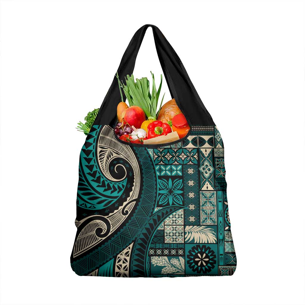 Vintage Samoa Siapo Mamanu Grocery Bag Teal Samoan Tapa Motif LT9 1-pack One Size Teal - Polynesian Pride