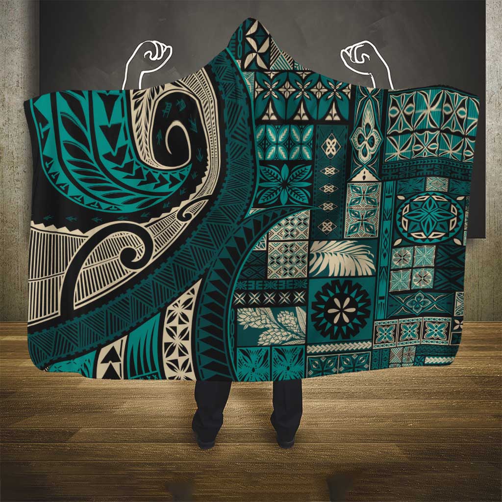 Vintage Samoa Siapo Mamanu Hooded Blanket Teal Samoan Tapa Motif LT9 - Polynesian Pride