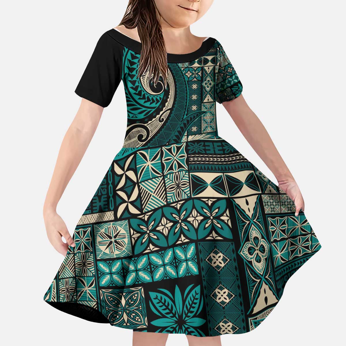 Vintage Samoa Siapo Mamanu Kid Short Sleeve Dress Teal Samoan Tapa Motif LT9 KID Teal - Polynesian Pride
