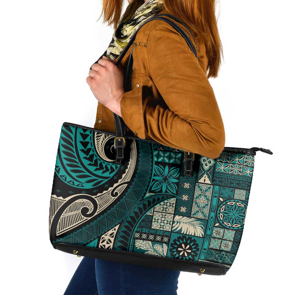 Vintage Samoa Siapo Mamanu Leather Tote Bag Teal Samoan Tapa Motif LT9 Teal - Polynesian Pride