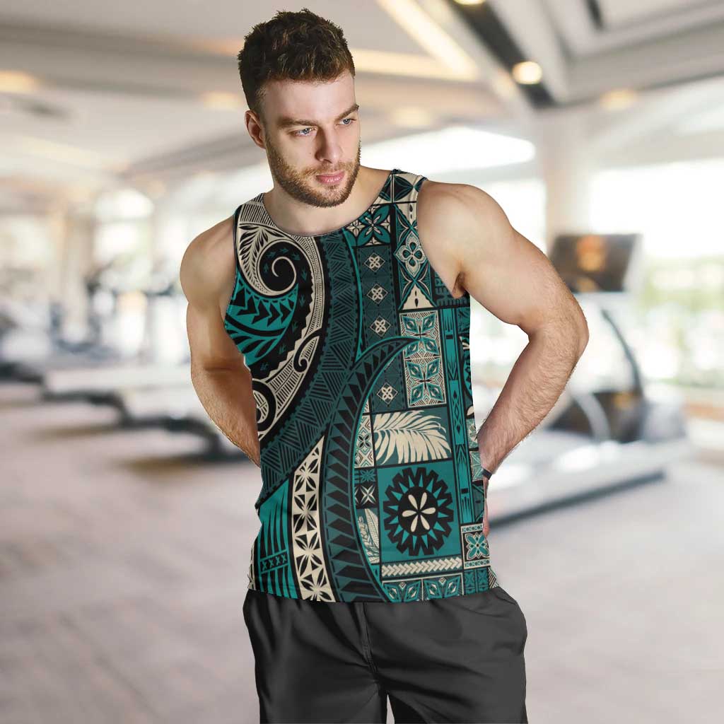 Vintage Samoa Siapo Mamanu Men Tank Top Teal Samoan Tapa Motif LT9 Teal - Polynesian Pride
