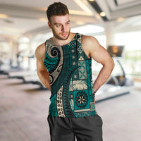 Vintage Samoa Siapo Mamanu Men Tank Top Teal Samoan Tapa Motif LT9 Teal - Polynesian Pride