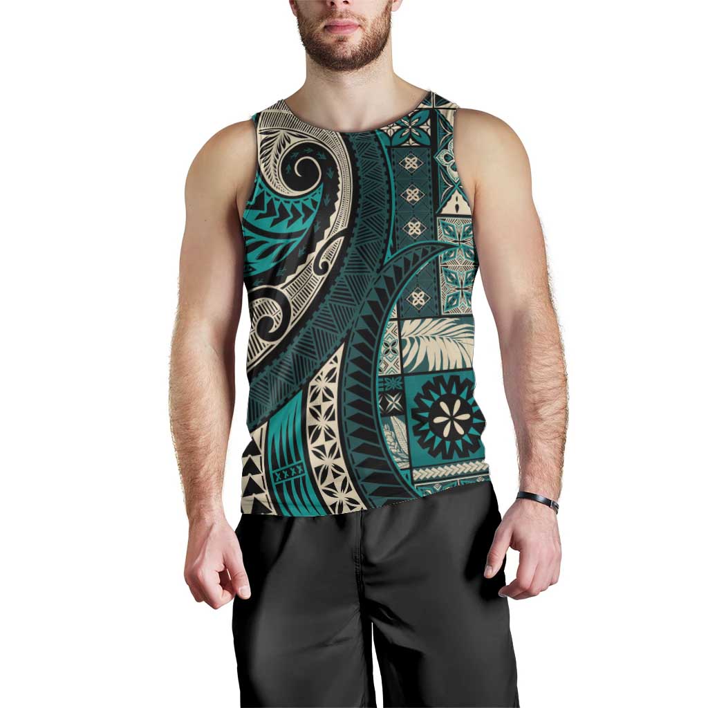 Vintage Samoa Siapo Mamanu Men Tank Top Teal Samoan Tapa Motif LT9 - Polynesian Pride