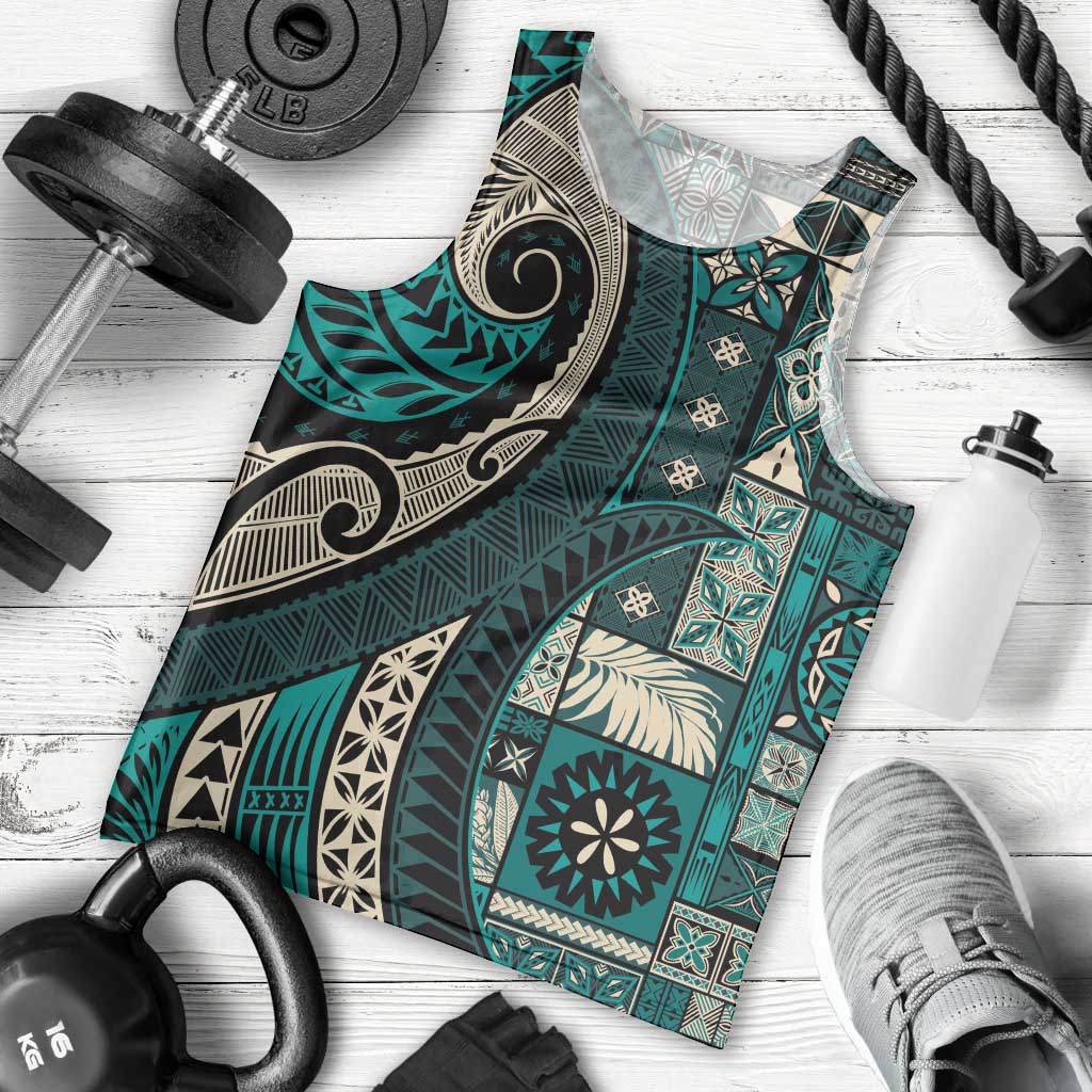 Vintage Samoa Siapo Mamanu Men Tank Top Teal Samoan Tapa Motif LT9 - Polynesian Pride