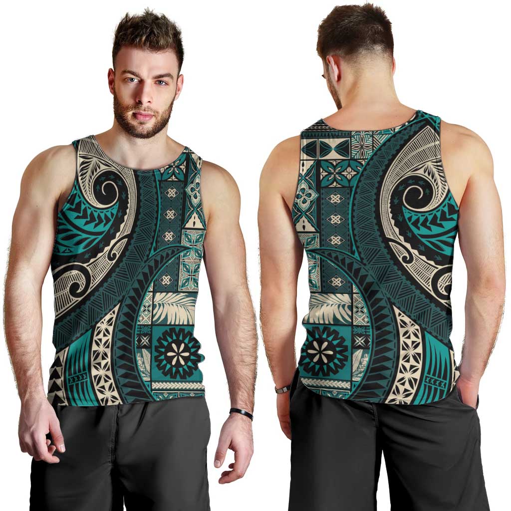 Vintage Samoa Siapo Mamanu Men Tank Top Teal Samoan Tapa Motif LT9 - Polynesian Pride