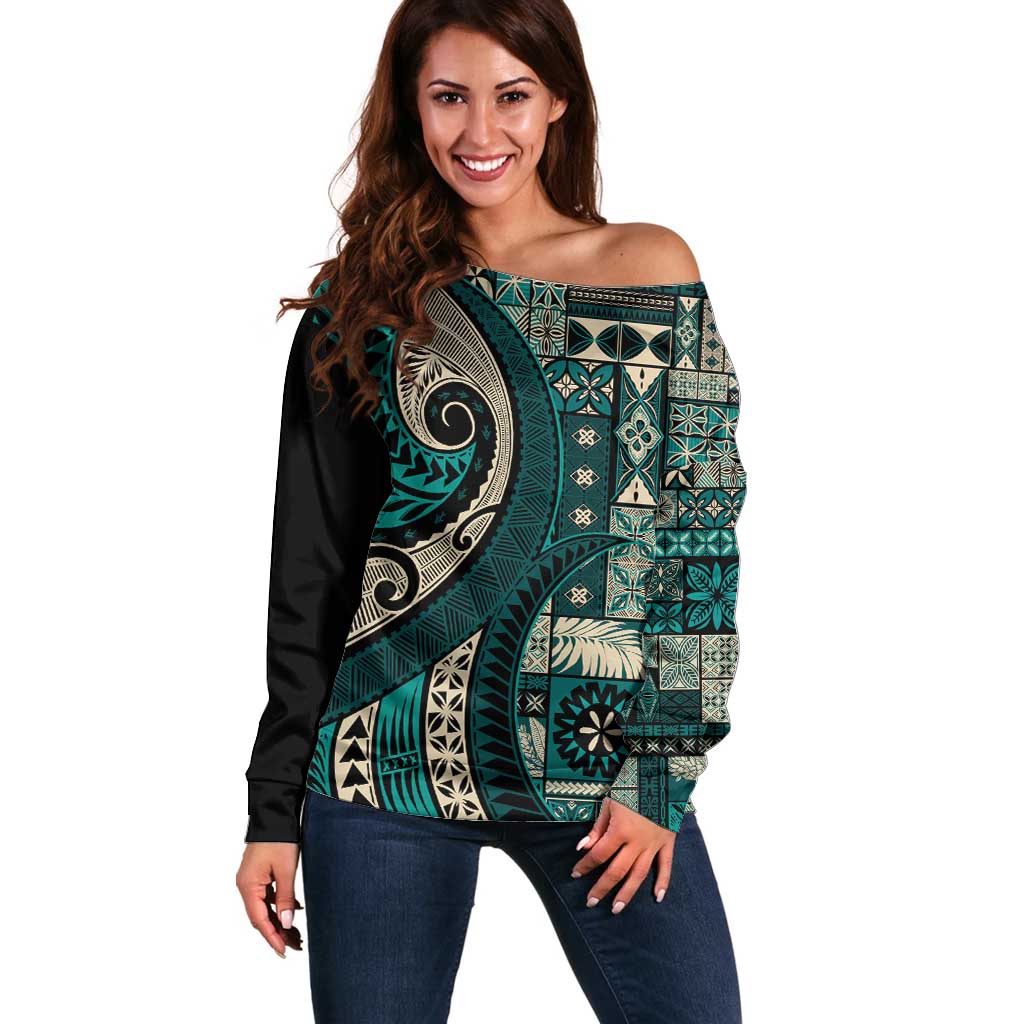 Vintage Samoa Siapo Mamanu Off Shoulder Sweater Teal Samoan Tapa Motif LT9 Women Teal - Polynesian Pride