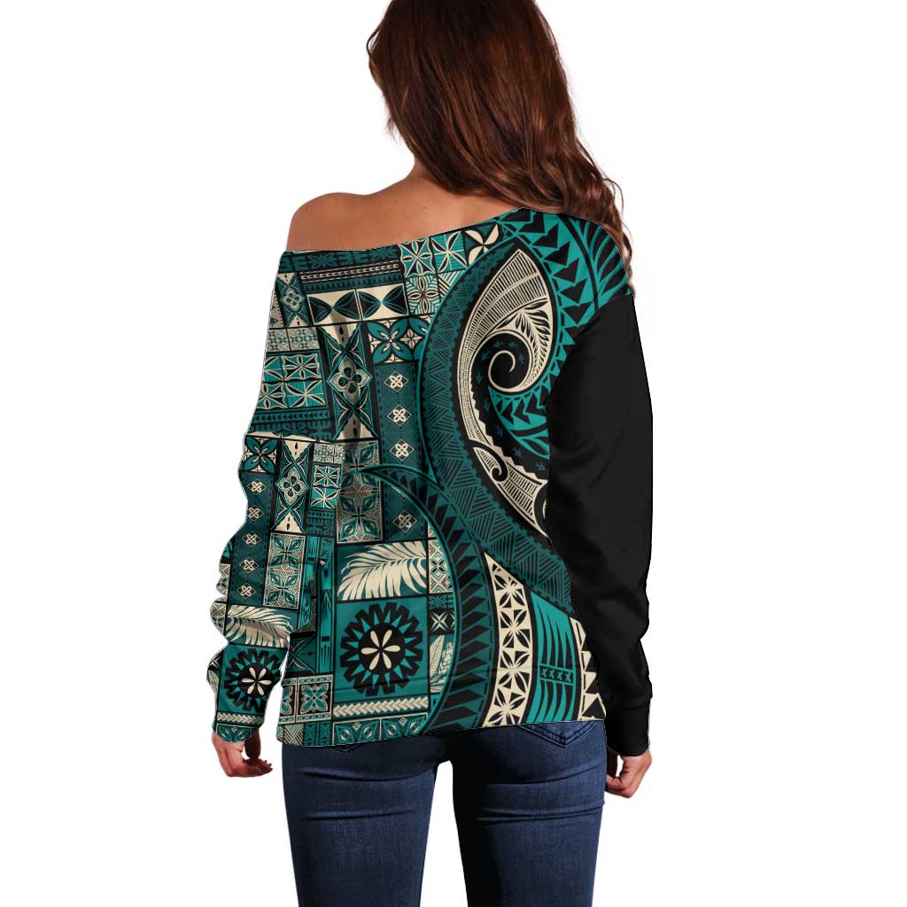 Vintage Samoa Siapo Mamanu Off Shoulder Sweater Teal Samoan Tapa Motif LT9 - Polynesian Pride