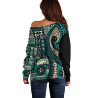 Vintage Samoa Siapo Mamanu Off Shoulder Sweater Teal Samoan Tapa Motif LT9 - Polynesian Pride