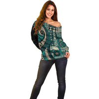 Vintage Samoa Siapo Mamanu Off Shoulder Sweater Teal Samoan Tapa Motif LT9 - Polynesian Pride