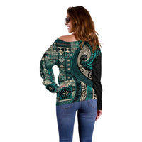 Vintage Samoa Siapo Mamanu Off Shoulder Sweater Teal Samoan Tapa Motif LT9 - Polynesian Pride