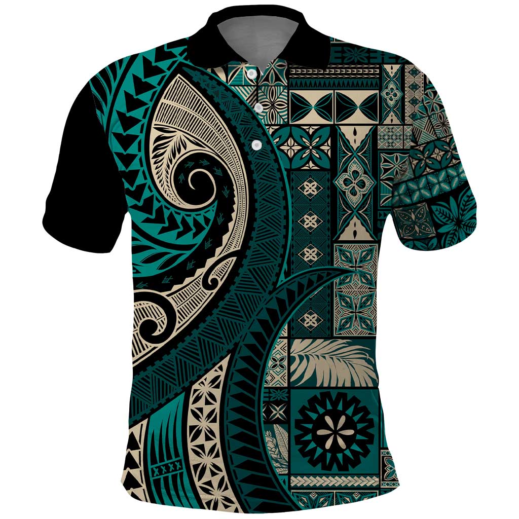 Vintage Samoa Siapo Mamanu Polo Shirt Teal Samoan Tapa Motif LT9 Teal - Polynesian Pride