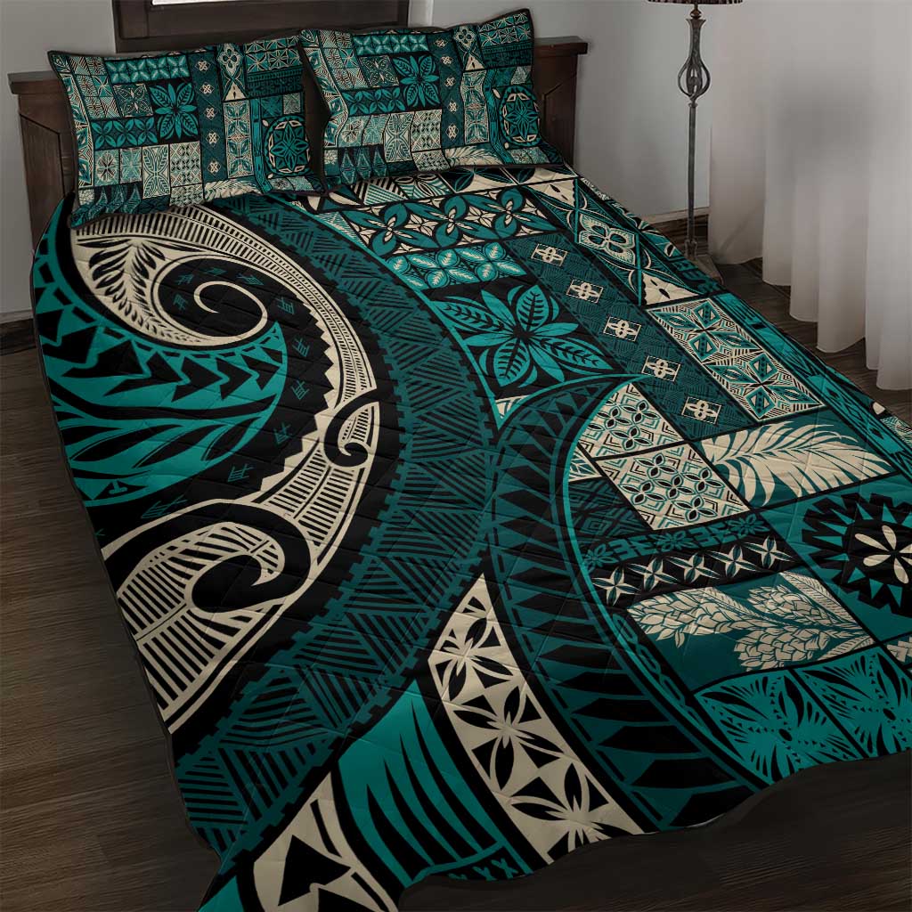 Vintage Samoa Siapo Mamanu Quilt Bed Set Teal Samoan Tapa Motif LT9 Teal - Polynesian Pride