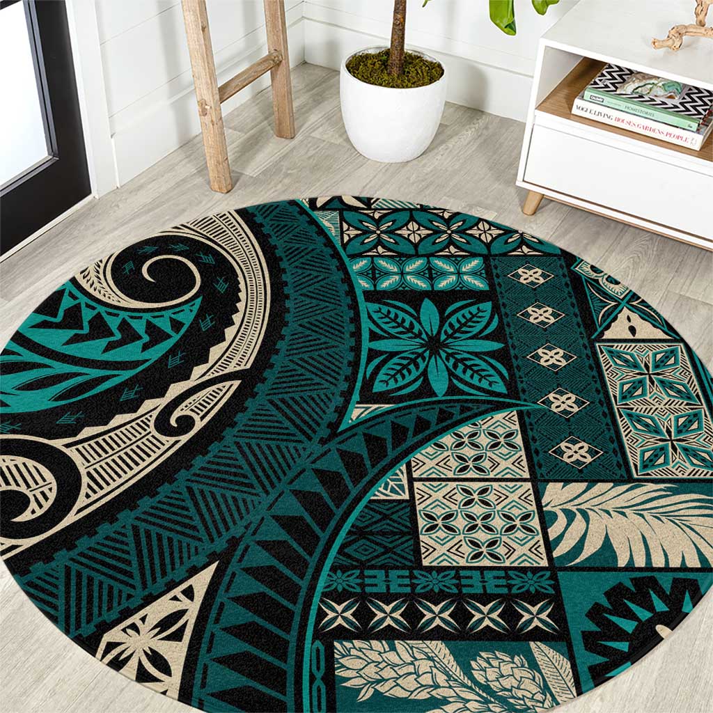 Vintage Samoa Siapo Mamanu Round Carpet Teal Samoan Tapa Motif LT9 Teal - Polynesian Pride