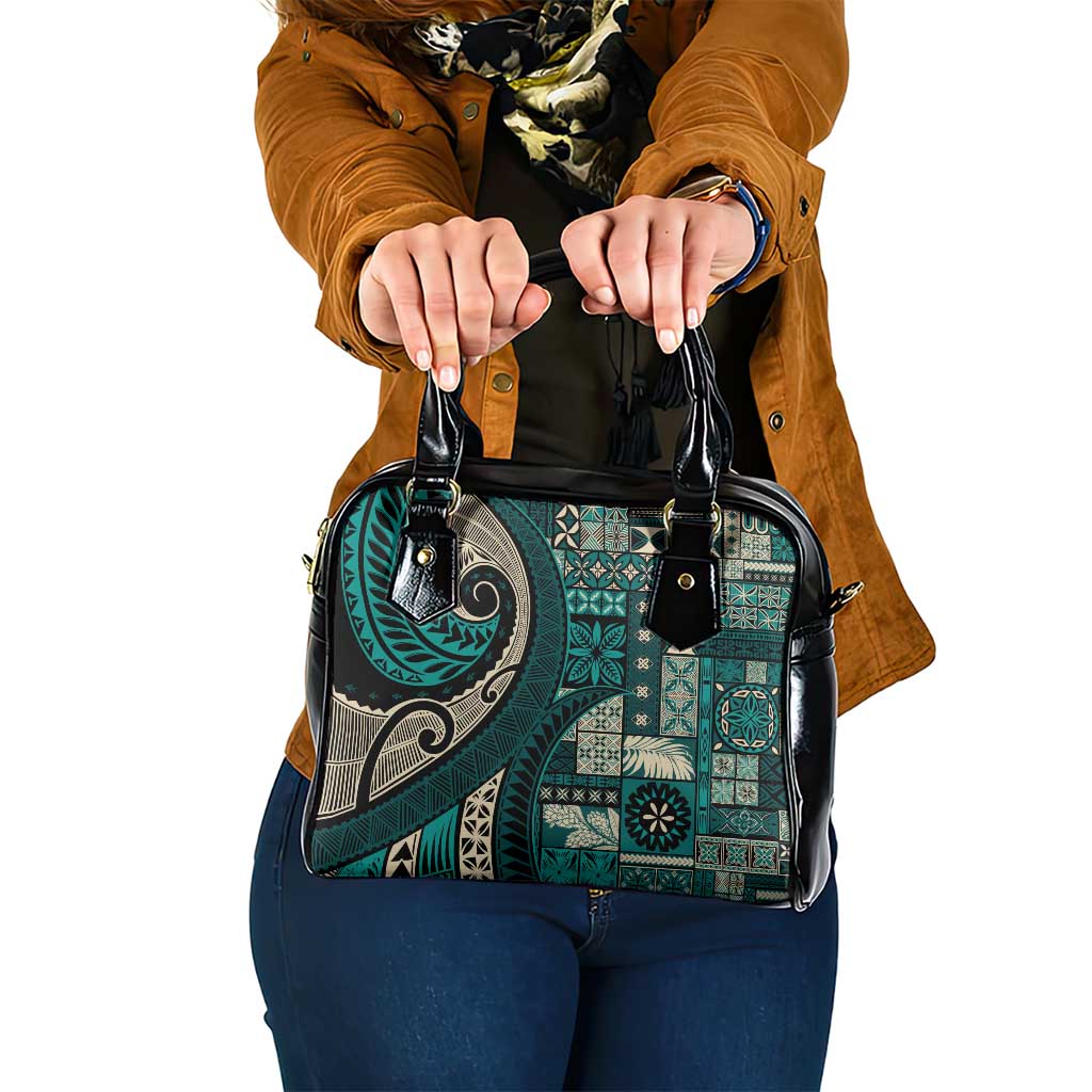 Vintage Samoa Siapo Mamanu Shoulder Handbag Teal Samoan Tapa Motif LT9 One Size Teal - Polynesian Pride