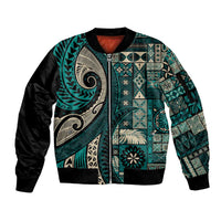 Vintage Samoa Siapo Mamanu Sleeve Zip Bomber Jacket Teal Samoan Tapa Motif LT9 Unisex Teal - Polynesian Pride