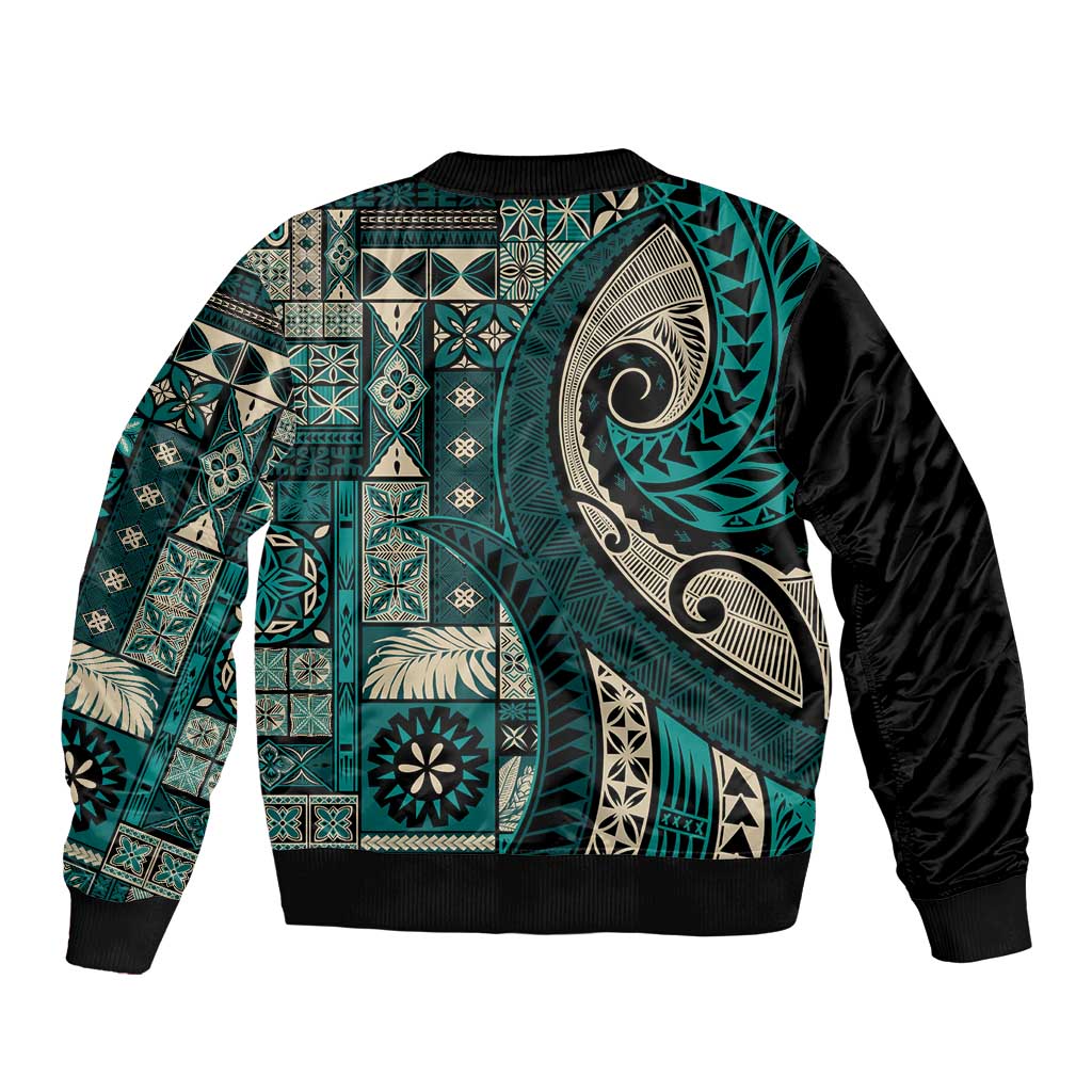 Vintage Samoa Siapo Mamanu Sleeve Zip Bomber Jacket Teal Samoan Tapa Motif LT9 - Polynesian Pride