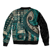 Vintage Samoa Siapo Mamanu Sleeve Zip Bomber Jacket Teal Samoan Tapa Motif LT9 - Polynesian Pride