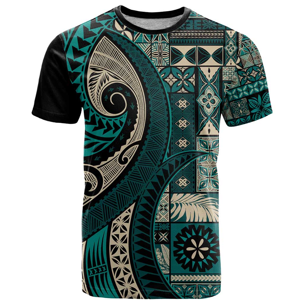 Vintage Samoa Siapo Mamanu T Shirt Teal Samoan Tapa Motif LT9 Teal - Polynesian Pride