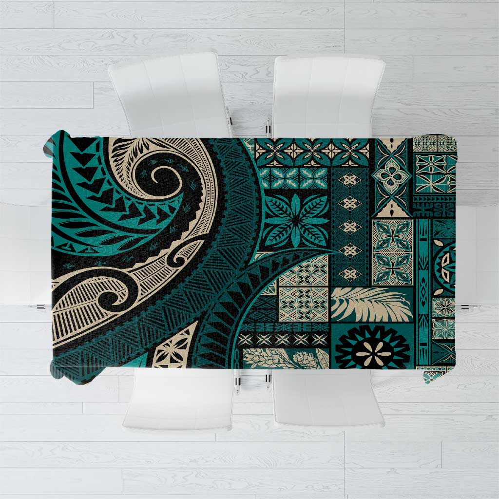 Vintage Samoa Siapo Mamanu Tablecloth Teal Samoan Tapa Motif LT9 Teal - Polynesian Pride