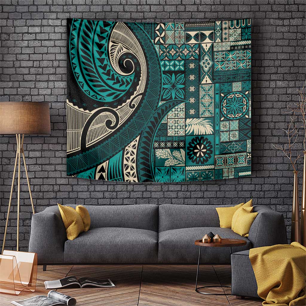 Vintage Samoa Siapo Mamanu Tapestry Teal Samoan Tapa Motif LT9 Teal - Polynesian Pride