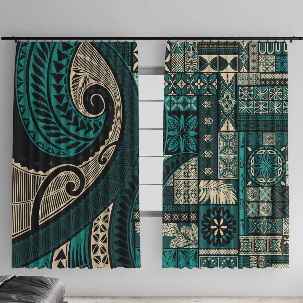 Vintage Samoa Siapo Mamanu Window Curtain Teal Samoan Tapa Motif LT9 With Hooks Teal - Polynesian Pride