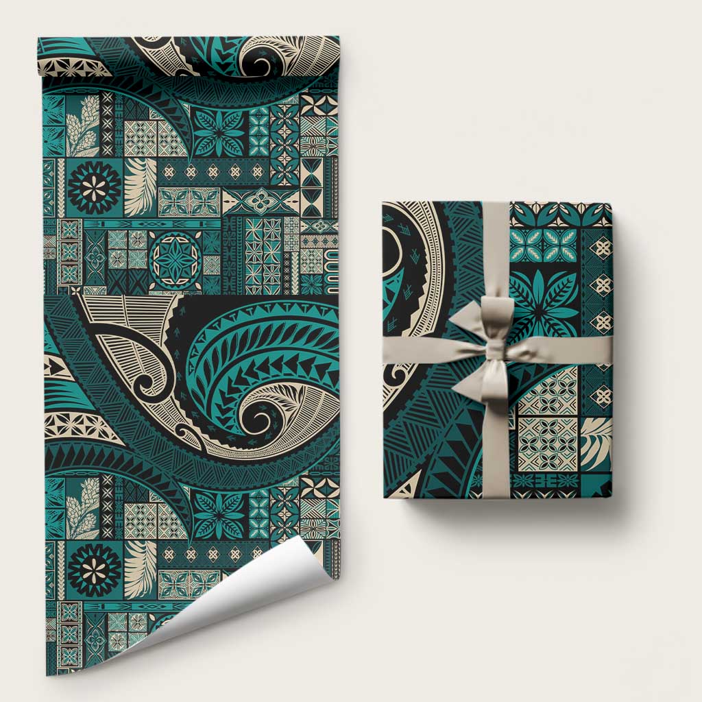 Vintage Samoa Siapo Mamanu Wrapping Paper Teal Samoan Tapa Motif LT9 58" × 23" Teal - Polynesian Pride