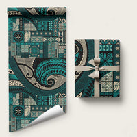 Vintage Samoa Siapo Mamanu Wrapping Paper Teal Samoan Tapa Motif LT9 58" × 23" Teal - Polynesian Pride
