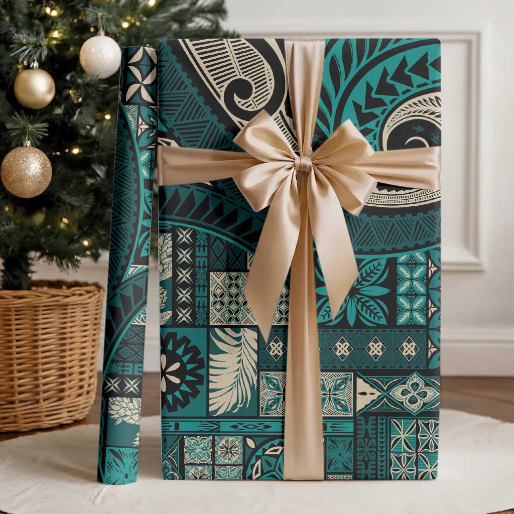 Vintage Samoa Siapo Mamanu Wrapping Paper Teal Samoan Tapa Motif LT9 - Polynesian Pride