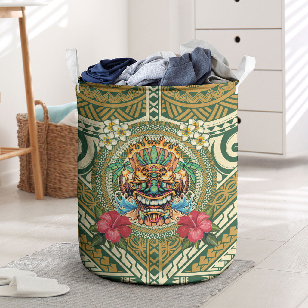 Hawaii Tiki Mask Laundry Basket Mele Kalikimaka i Iulai! LT9 Green - Polynesian Pride
