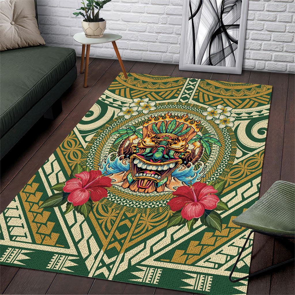 Hawaii Tiki Mask Area Rug Mele Kalikimaka i Iulai! LT9 Green - Polynesian Pride