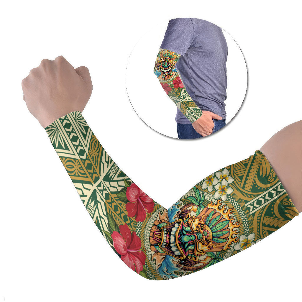 Hawaii Tiki Mask Personalized Arm Sleeves Mele Kalikimaka i Iulai! LT9 Set of 2 Green - Polynesian Pride
