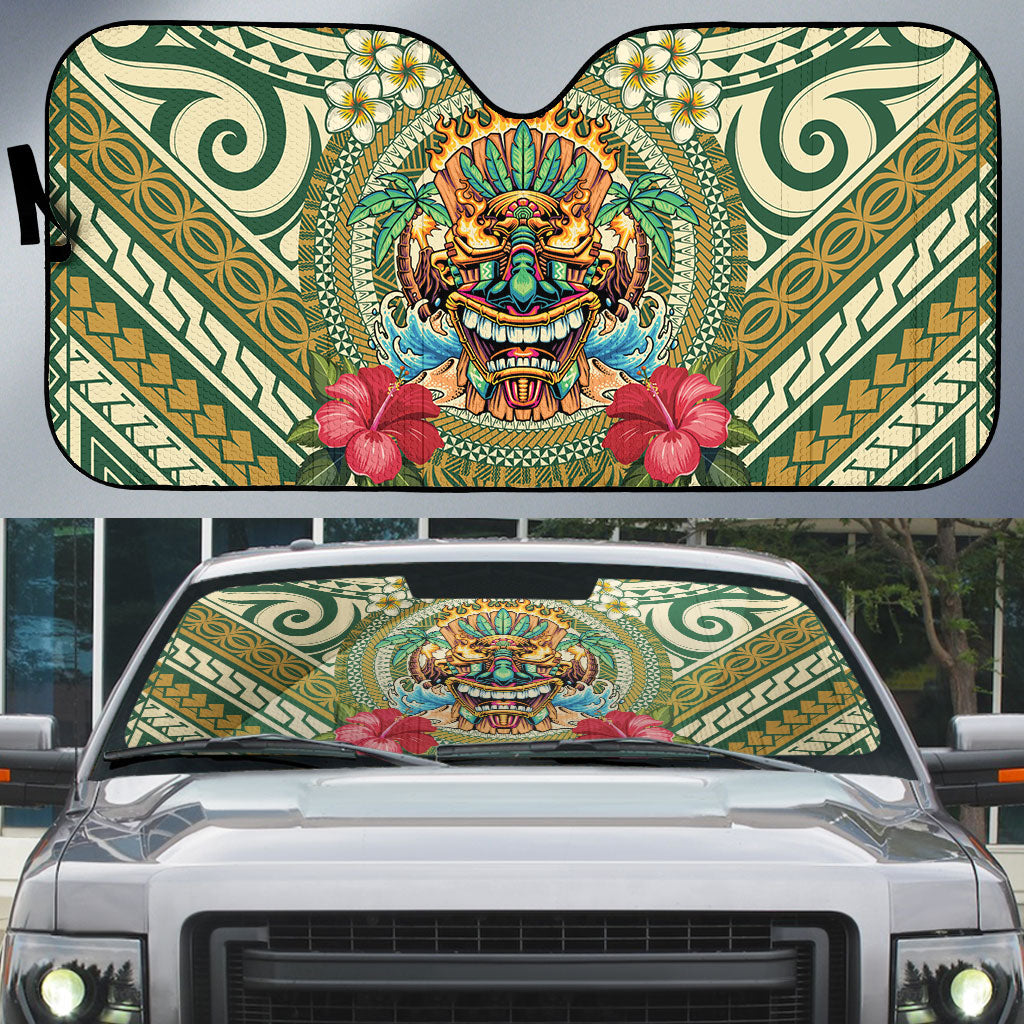 Hawaii Tiki Mask Auto Sun Shade Mele Kalikimaka i Iulai! LT9 Green - Polynesian Pride