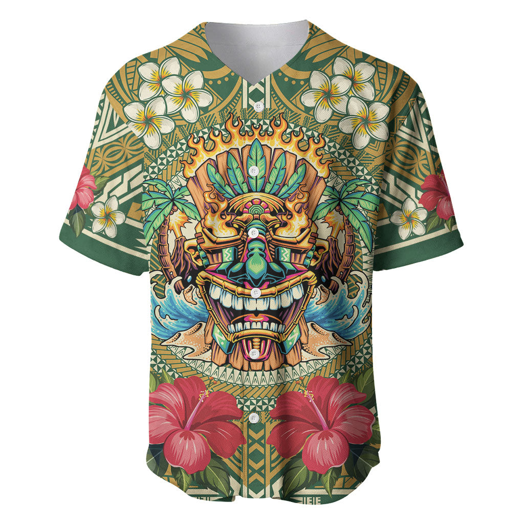 Hawaii Tiki Mask Personalized Baseball Jersey Mele Kalikimaka i Iulai! LT9 Green - Polynesian Pride