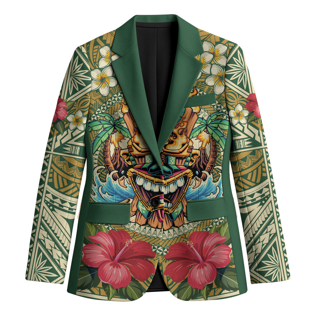 Hawaii Tiki Mask Personalized Blazer Mele Kalikimaka i Iulai! LT9 Unisex Green - Polynesian Pride
