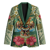 Hawaii Tiki Mask Personalized Blazer Mele Kalikimaka i Iulai! LT9 Unisex Green - Polynesian Pride