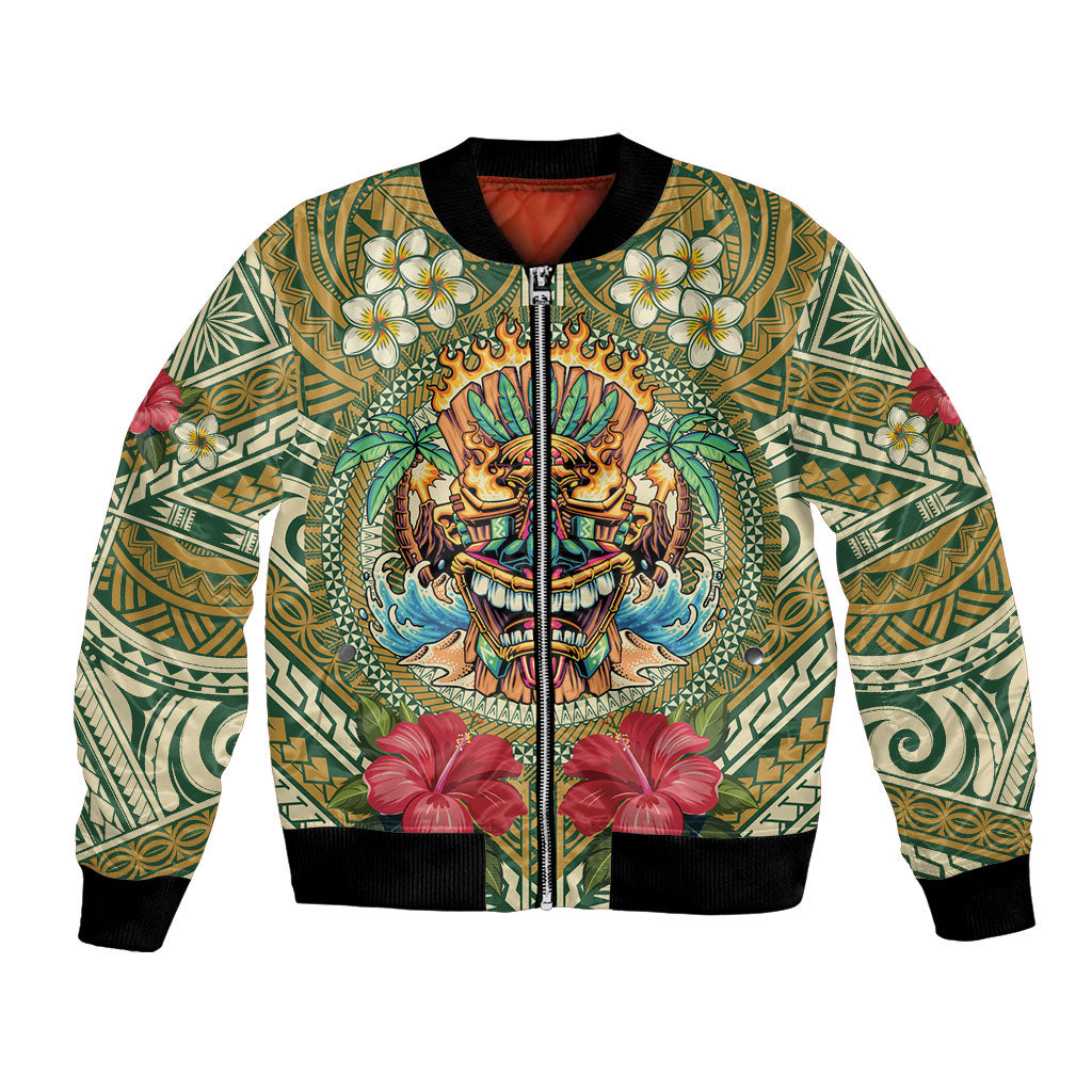 Hawaii Tiki Mask Personalized Bomber Jacket Mele Kalikimaka i Iulai! LT9 Unisex Green - Polynesian Pride