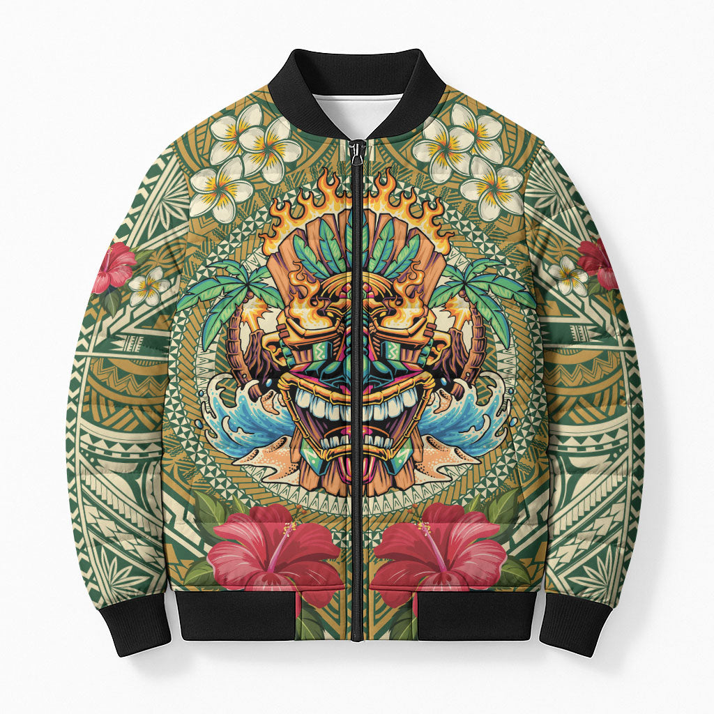 Hawaii Tiki Mask Personalized Bomber Puffer Jacket Mele Kalikimaka i Iulai! LT9 Unisex Green - Polynesian Pride