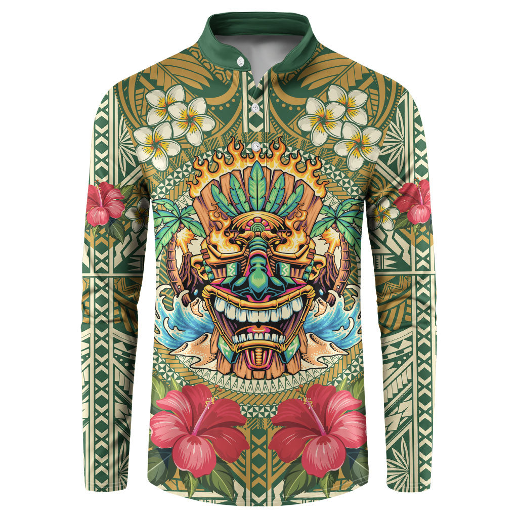 Hawaii Tiki Mask Personalized Button Sweatshirt Mele Kalikimaka i Iulai! LT9 Green - Polynesian Pride