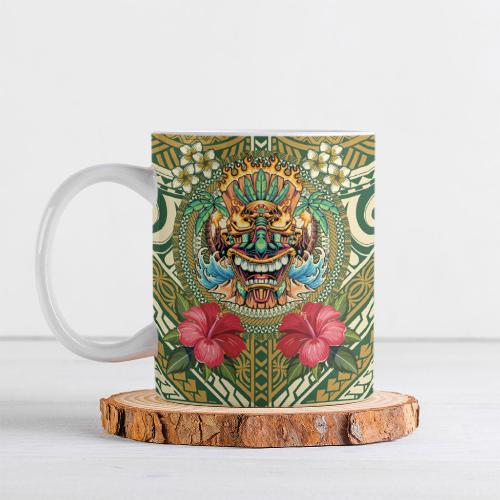 Hawaii Tiki Mask Personalized Ceramic Mug Mele Kalikimaka i Iulai! LT9 Green - Polynesian Pride